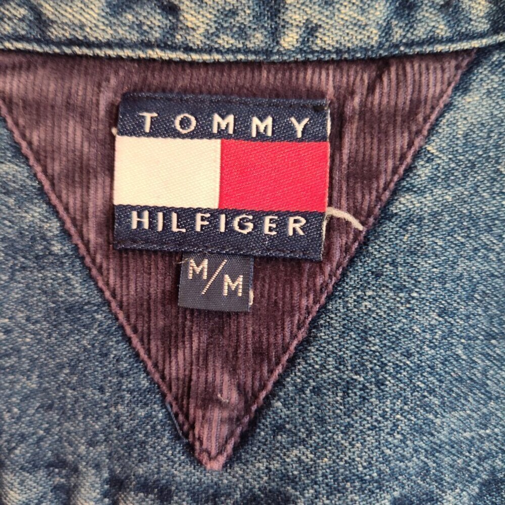 Boys SZ M Vintage Tommy Hilfiger Green/Multi Mixed Media Denim Shirt - Picture 6 of 6